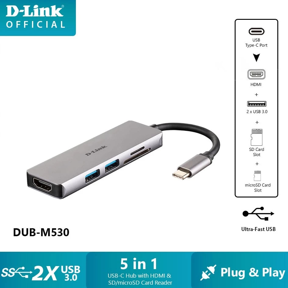 D-Link DUB-M1150 (11 in 1) USB C to Ethernet PD 100w 60Hz, 3 USB 5Gbps, USB C, 3.5mm Audio, microSD, SD/TF Slot