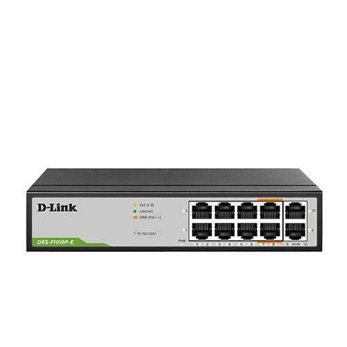250M 10-Port Fast Ethernet Switch with 8 PoE Ports and 2 Uplink Ports