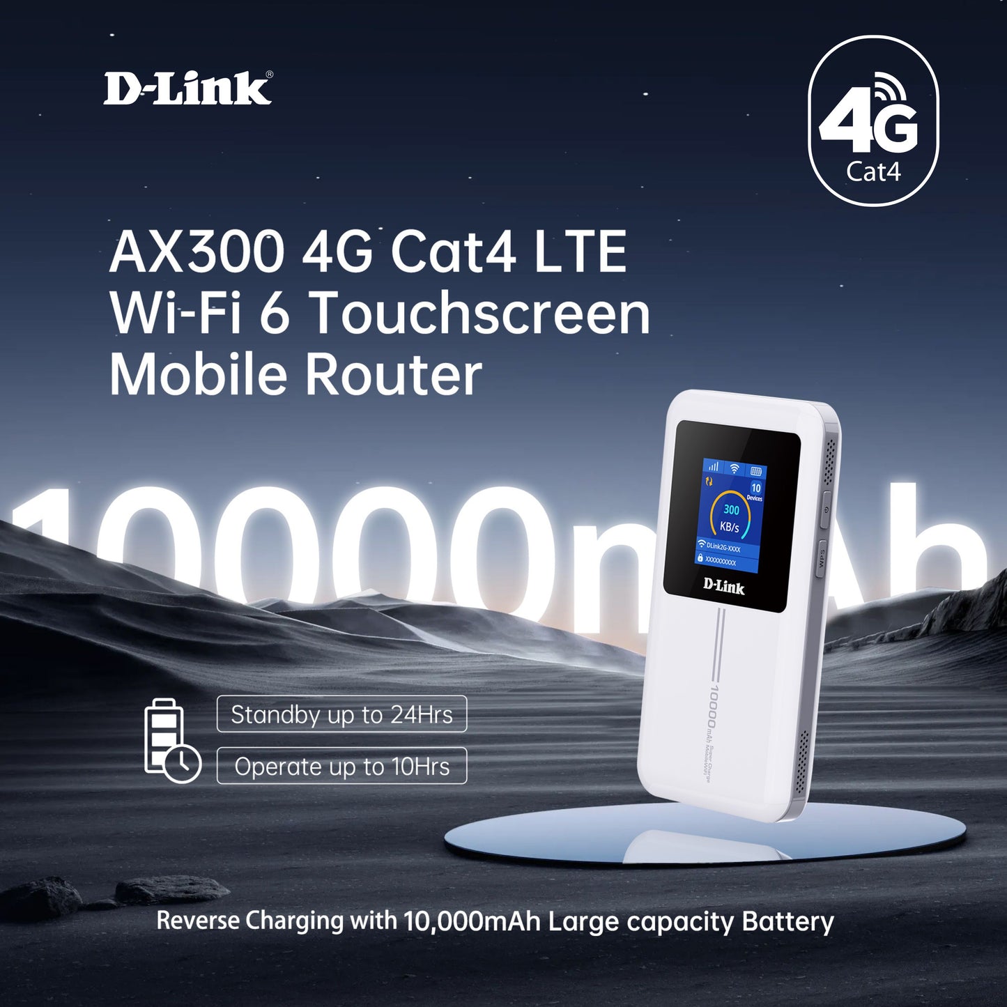 D-Link DWR-940M 4G Cat4 Wi-Fi Wireless 6 Mobile Hotspot with touchscreen | 10,000mAh Battery Life | up to 32 devices