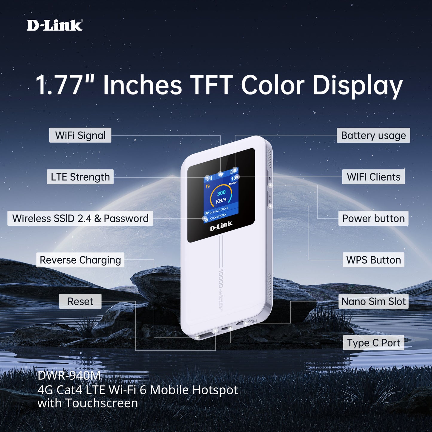 D-Link DWR-940M 4G Cat4 Wi-Fi Wireless 6 Mobile Hotspot with touchscreen | 10,000mAh Battery Life | up to 32 devices