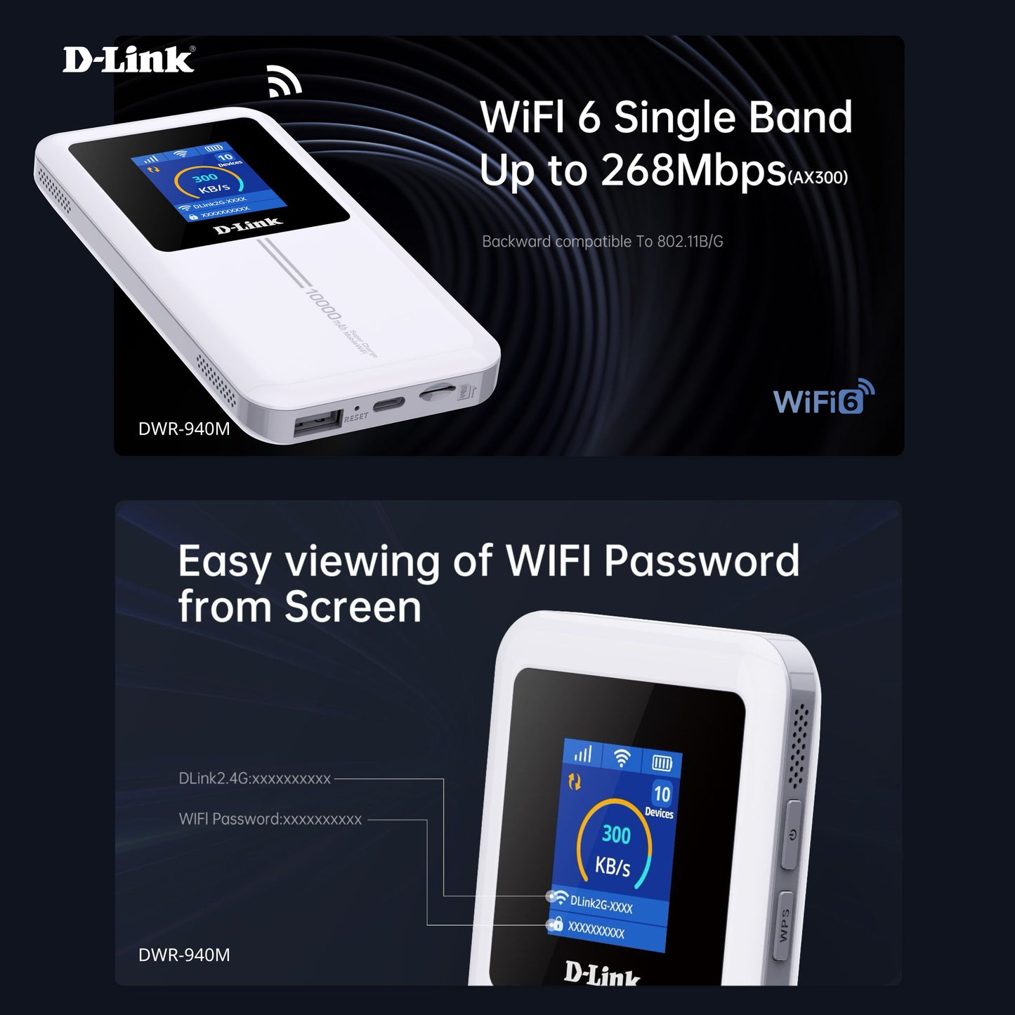 D-Link DWR-940M 4G Cat4 Wi-Fi Wireless 6 Mobile Hotspot with touchscreen | 10,000mAh Battery Life | up to 32 devices