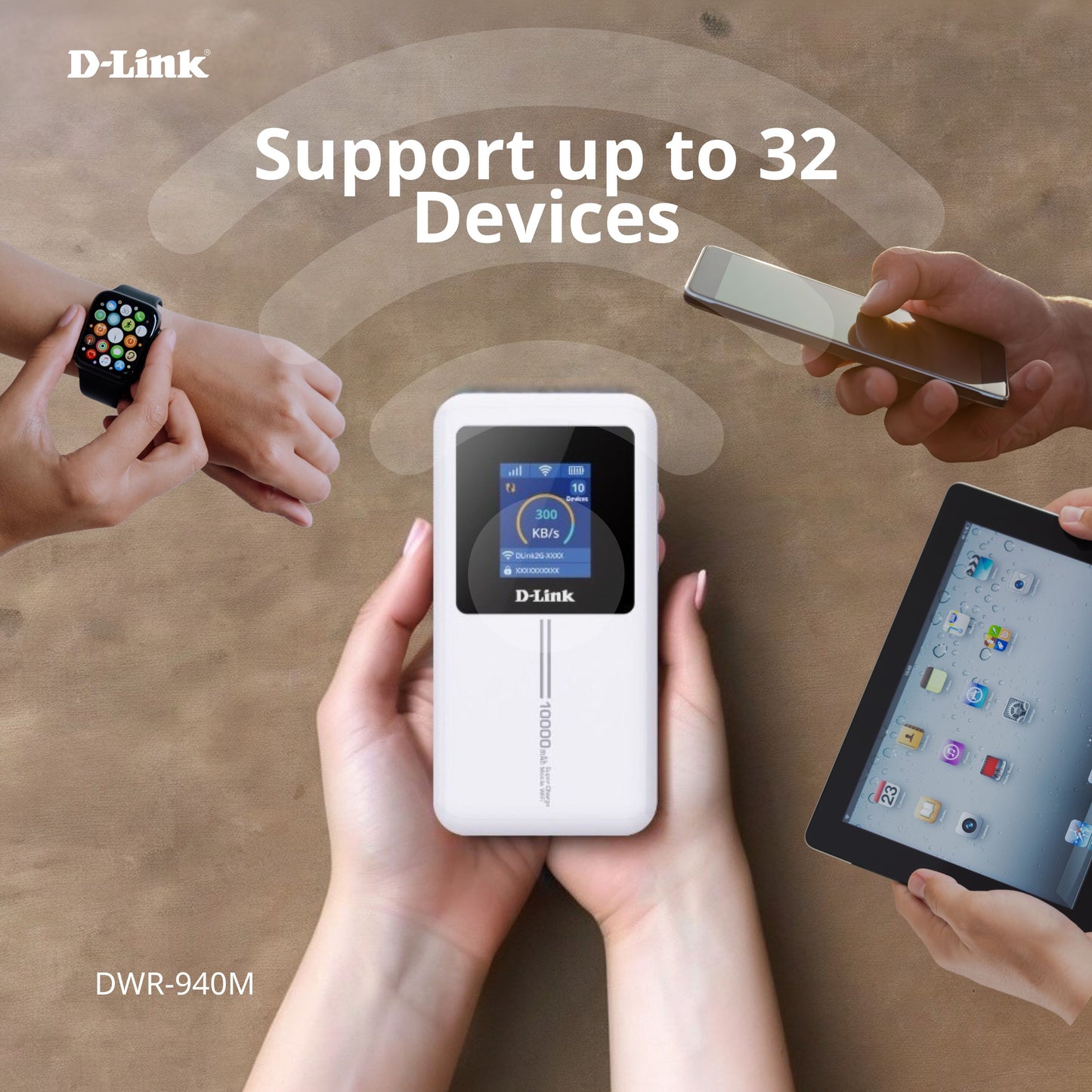 D-Link DWR-940M 4G Cat4 Wi-Fi Wireless 6 Mobile Hotspot with touchscreen | 10,000mAh Battery Life | up to 32 devices