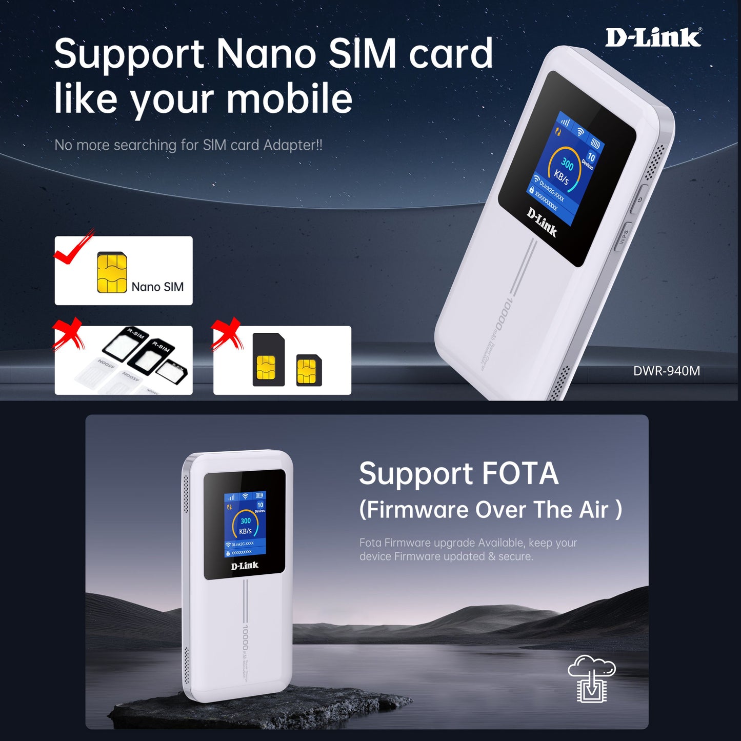 D-Link DWR-940M 4G Cat4 Wi-Fi Wireless 6 Mobile Hotspot with touchscreen | 10,000mAh Battery Life | up to 32 devices