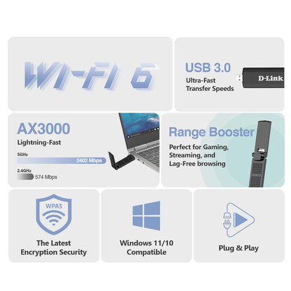 Wireless AX3000 Wi-Fi 6 High Gain USB 3.0 Adapter | DWA-X3030