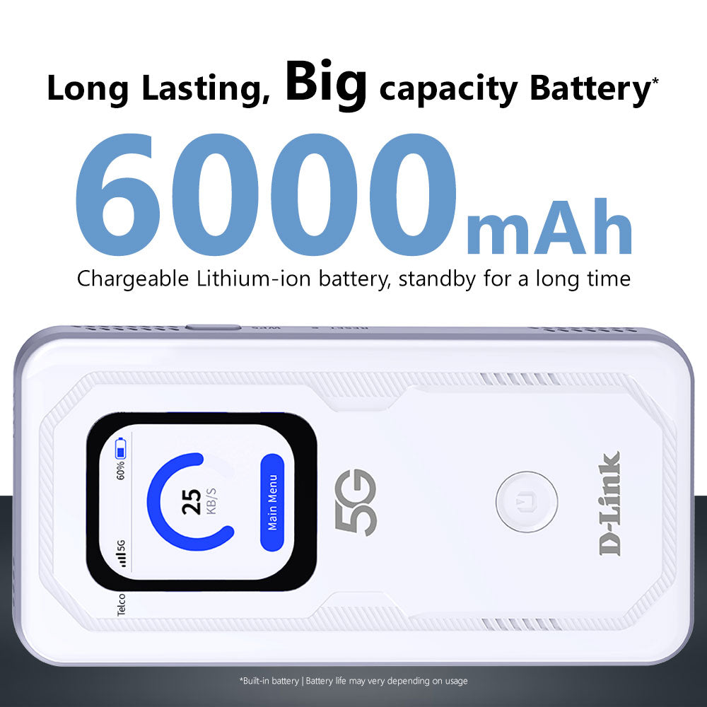 D-Link DWR-U2100 5G Wi-Fi 6 Mobile Hotspot with Touchscreen | PowerBank 6000mAh | Share upto 64 | Nano-SIM | 5G 4G