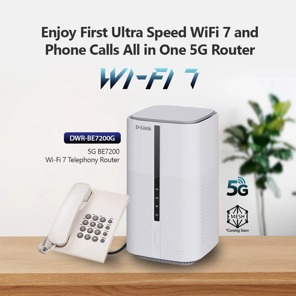 5G NR Wi-Fi 7 BE7200 Multi-Gigabit (MG) VoLTE High-Density Mobile Router | DWR-BE7200G