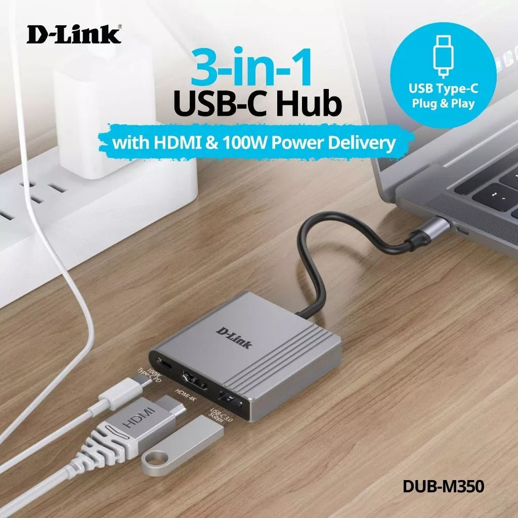 D-Link DUB-M350 3 in 1 USB C PD Multi Function Hub with 4K HDMI, 100W Power Delivery, USB 3.0 | Plug & Play