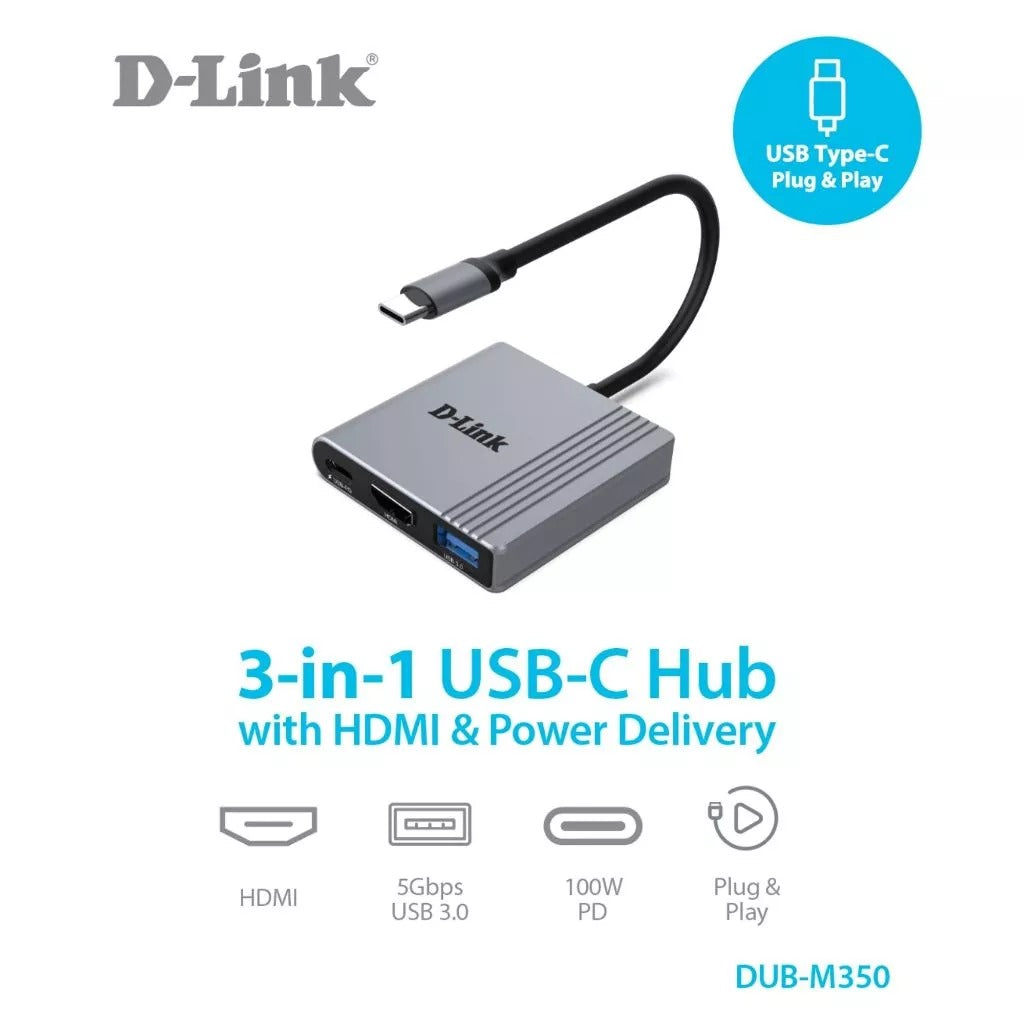 D-Link DUB-M350 3 in 1 USB C PD Multi Function Hub with 4K HDMI, 100W Power Delivery, USB 3.0 | Plug & Play