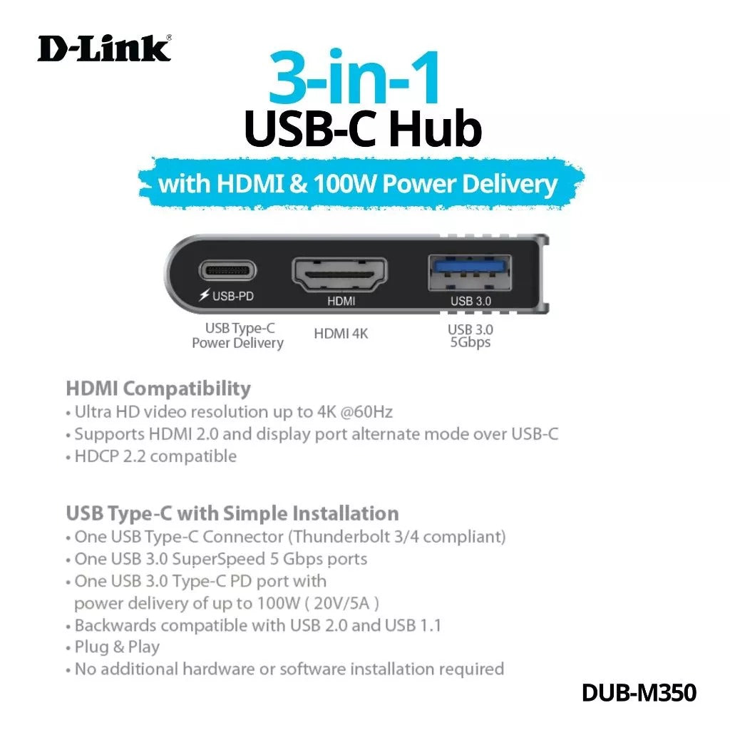 D-Link DUB-M350 3 in 1 USB C PD Multi Function Hub with 4K HDMI, 100W Power Delivery, USB 3.0 | Plug & Play