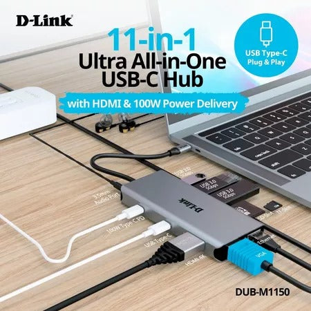 D-Link DUB-M1150 (11 in 1) USB C to Ethernet PD 100w 60Hz, 3 USB 5Gbps, USB C, 3.5mm Audio, microSD, SD/TF Slot