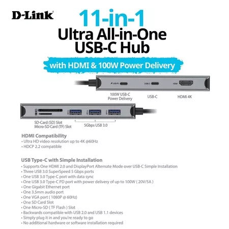 D-Link DUB-M1150 (11 in 1) USB C to Ethernet PD 100w 60Hz, 3 USB 5Gbps, USB C, 3.5mm Audio, microSD, SD/TF Slot