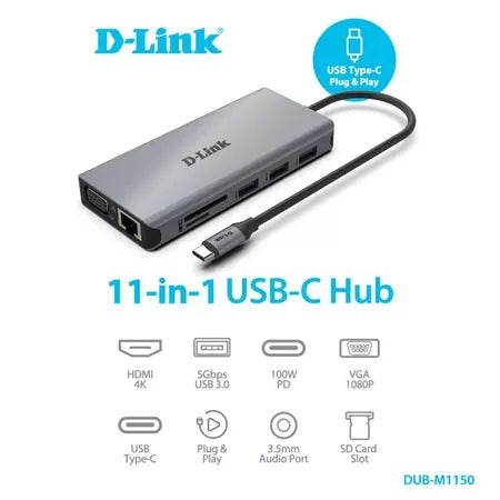 D-Link DUB-M1150 (11 in 1) USB C to Ethernet PD 100w 60Hz, 3 USB 5Gbps, USB C, 3.5mm Audio, microSD, SD/TF Slot