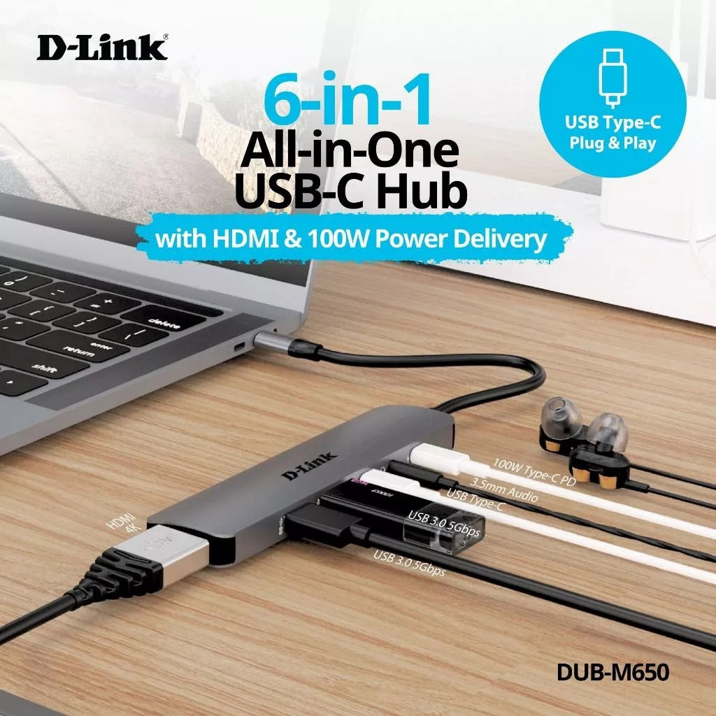 D-Link DUB-M650 6 in 1 USB C PD Multi Hub with 4K HDMI, 100W Power Delivery, USB 3.0, 3.5mm Audio | Plug & Play