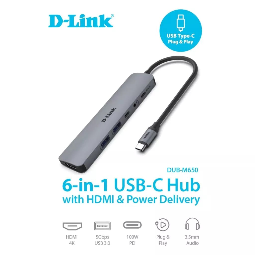 D-Link DUB-M650 6 in 1 USB C PD Multi Hub with 4K HDMI, 100W Power Delivery, USB 3.0, 3.5mm Audio | Plug & Play