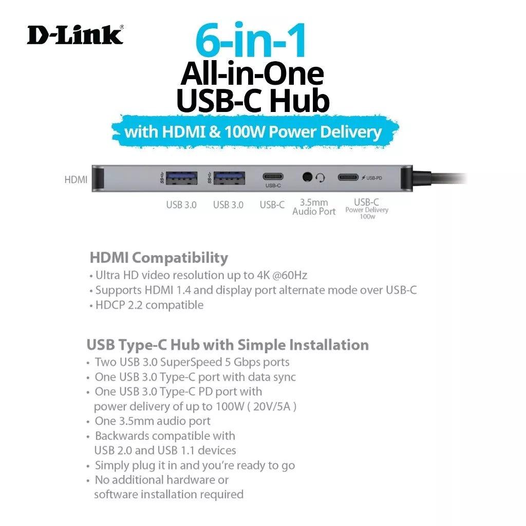 D-Link DUB-M650 6 in 1 USB C PD Multi Hub with 4K HDMI, 100W Power Delivery, USB 3.0, 3.5mm Audio | Plug & Play