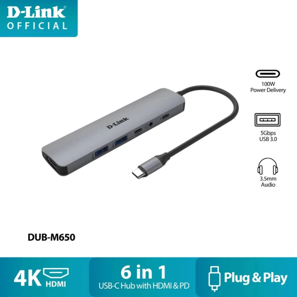 D-Link DUB-M650 6 in 1 USB C PD Multi Hub with 4K HDMI, 100W Power Delivery, USB 3.0, 3.5mm Audio | Plug & Play