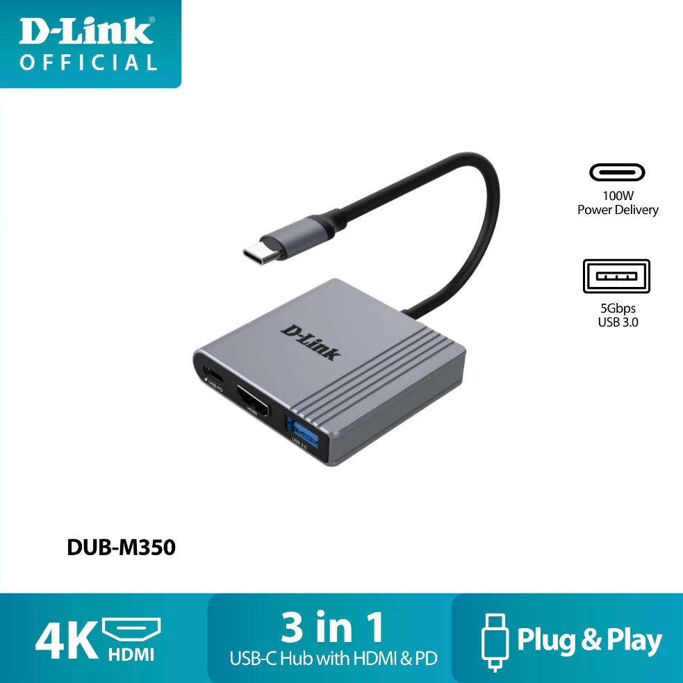 D-Link DUB-M350 3 in 1 USB C PD Multi Function Hub with 4K HDMI, 100W Power Delivery, USB 3.0 | Plug & Play