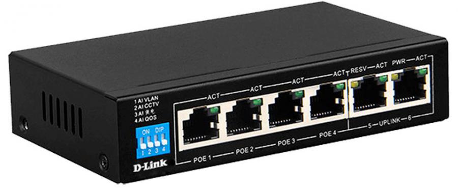 250M 6-port 10/100 switch with 4 PoE Ports and 2 Uplink Ports | DES-F1006P-E
